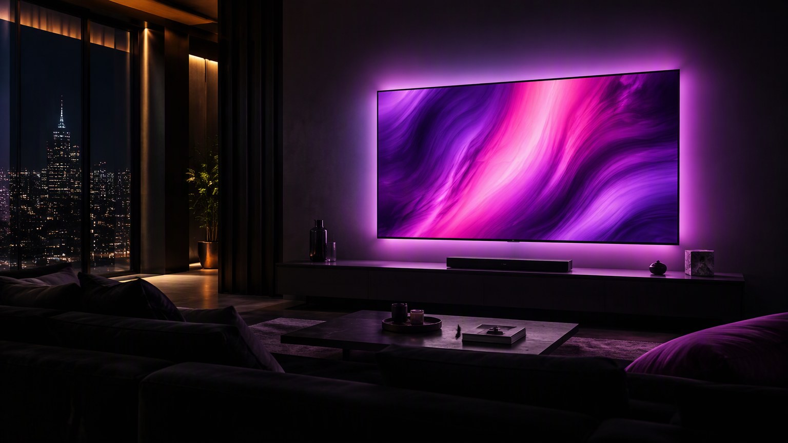 A private neon-lit lounge at night — magenta and violet glow over velvet seating and a large screen, evoking the IPTV Adults after-dark experience