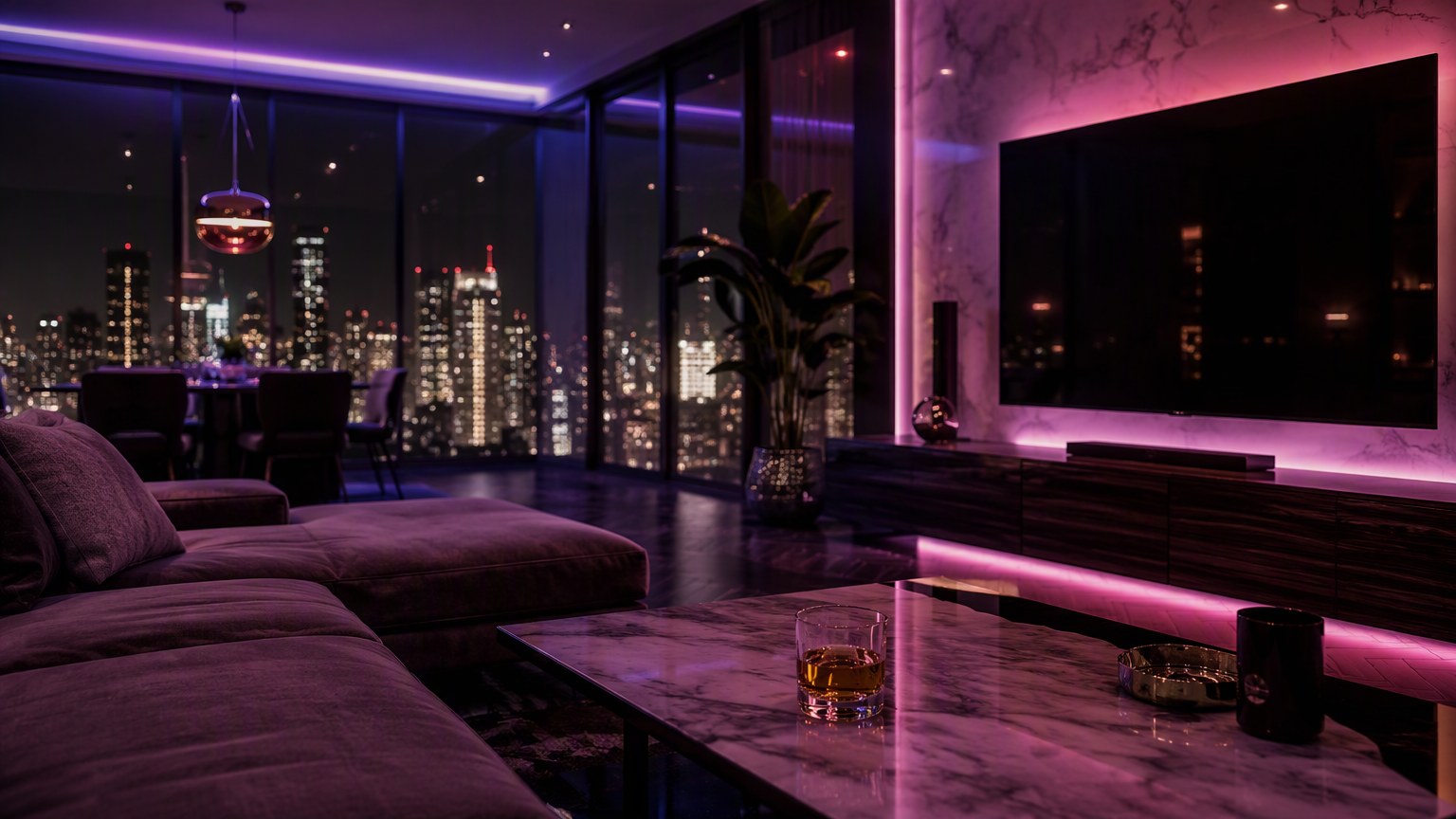 A dim, elegant members-only lounge bathed in magenta and violet neon — the visual mood of the IPTV Adults channel lounge